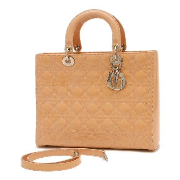 Christian Dior Dior Lady Cannage Large 2WAY Bag Handbag Patent Beige BP - Picture 1 of 10